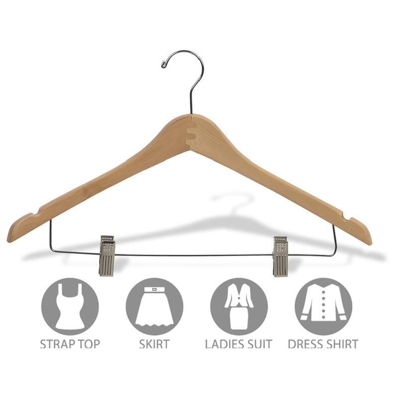 Curved Wooden Combo Hanger with Natural Finish and Adjustable Cushion Clips, 1/2 Inch Thick Hangers with Chrome Hook & Notches