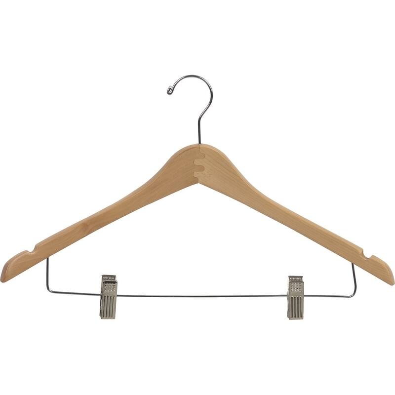 Curved Wooden Combo Hanger with Natural Finish and Adjustable Cushion Clips, 1/2 Inch Thick Hangers with Chrome Hook & Notches
