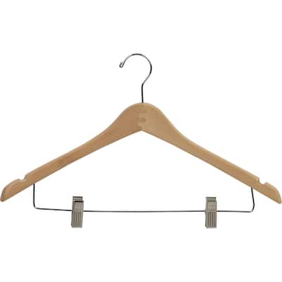 Curved Wooden Combo Hanger with Natural Finish and Adjustable Cushion Clips, 1/2 Inch Thick Hangers with Chrome Hook & Notches
