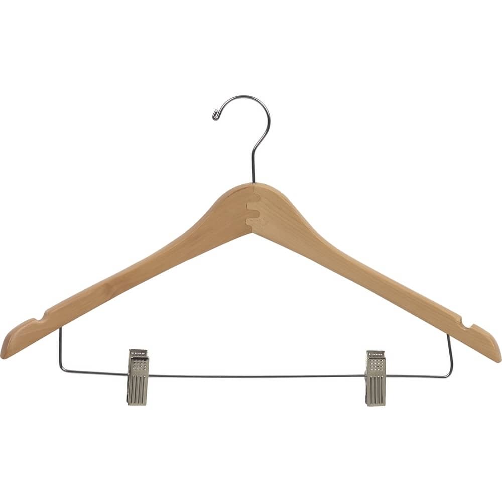Curved Wooden Combo Hanger with Natural Finish and Adjustable Cushion Clips, 1/2 Inch Thick Hangers with Chrome Hook & Notches