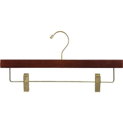 Wooden Pant Hanger with Walnut Finish and Adjustable Cushion Clips, Flat Wood Bottom Hangers with Brass Swivel Hook