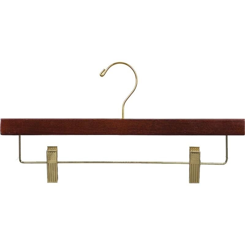 Wooden Pant Hanger with Walnut Finish and Adjustable Cushion Clips, Flat Wood Bottom Hangers with Brass Swivel Hook