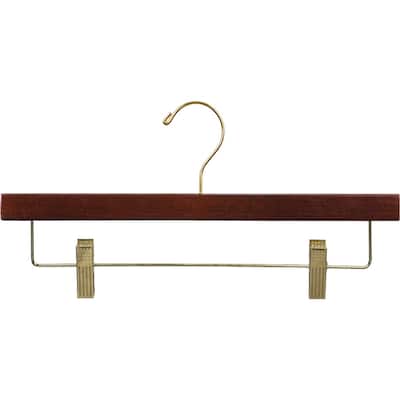 Wooden Pant Hanger with Walnut Finish and Adjustable Cushion Clips, Flat Wood Bottom Hangers with Brass Swivel Hook