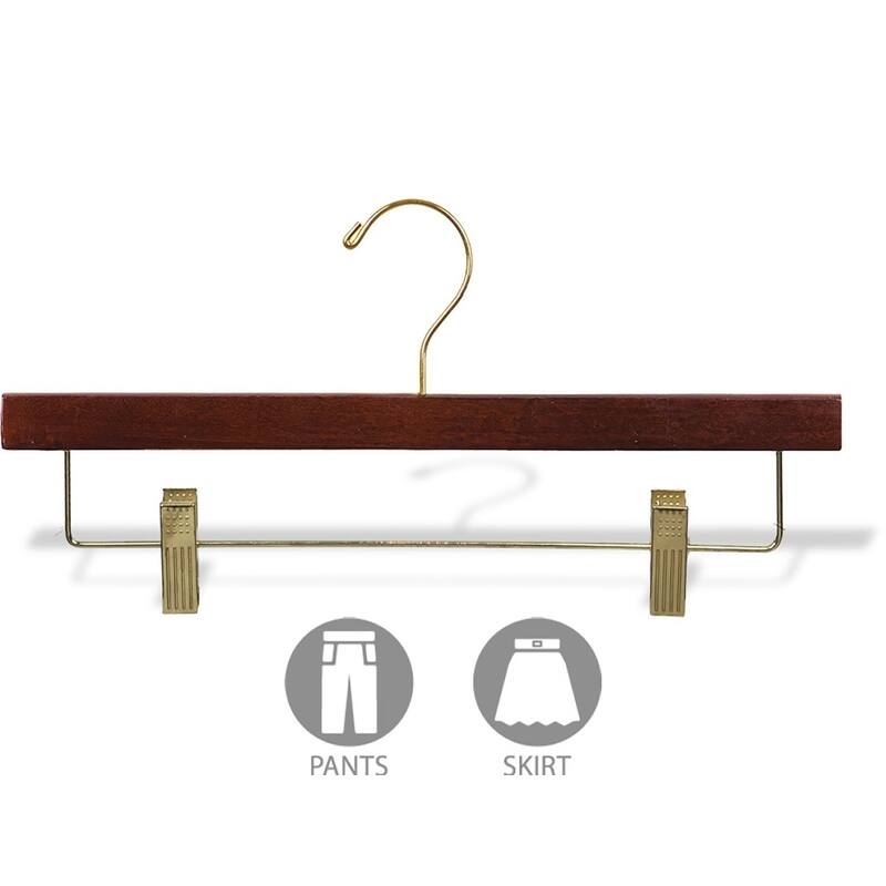 Wooden Pant Hanger with Walnut Finish and Adjustable Cushion Clips, Flat Wood Bottom Hangers with Brass Swivel Hook