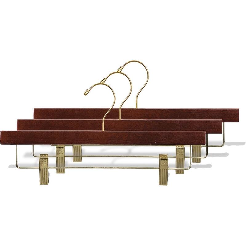 Wooden Pant Hanger with Walnut Finish and Adjustable Cushion Clips, Flat Wood Bottom Hangers with Brass Swivel Hook