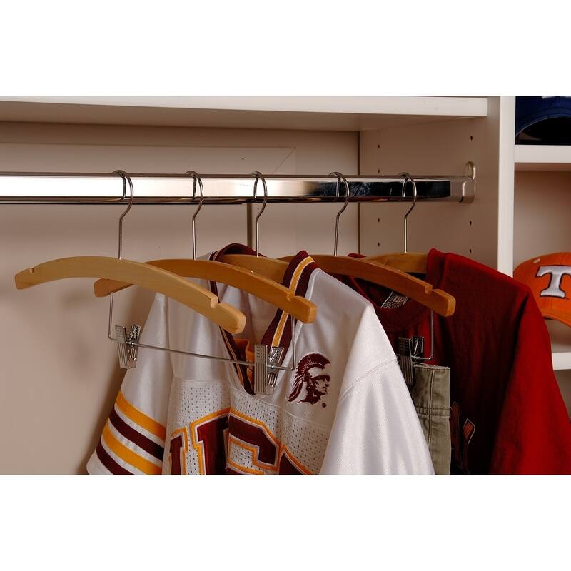 Wooden Kids Combo Hanger with Adjustable Cushion Clips, 12 Inch Hangers with Natural Finish & Chrome Swivel Hook