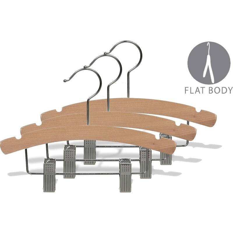 Wooden Kids Combo Hanger with Adjustable Cushion Clips, 12 Inch Hangers with Natural Finish & Chrome Swivel Hook