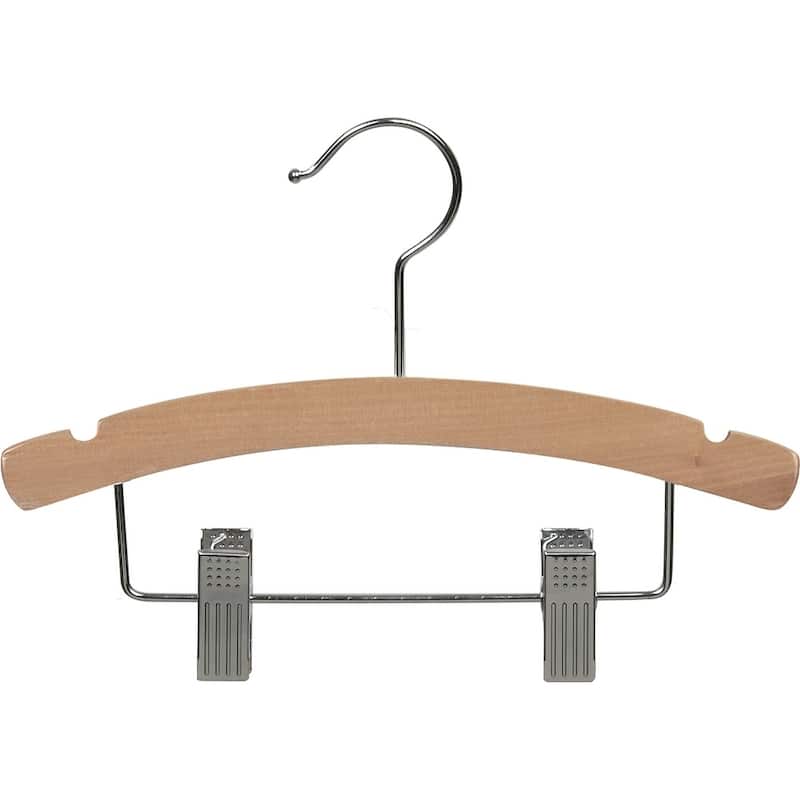 Wooden Kids Combo Hanger with Adjustable Cushion Clips, 12 Inch Hangers with Natural Finish & Chrome Swivel Hook