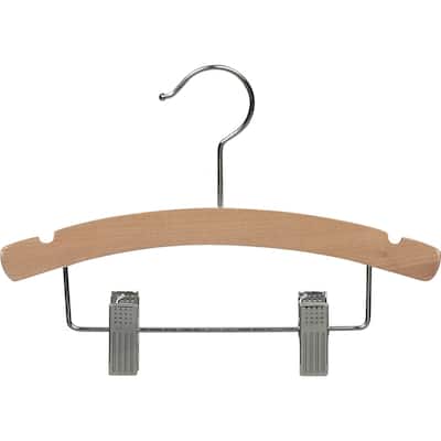Wooden Kids Combo Hanger with Adjustable Cushion Clips, 12 Inch Hangers with Natural Finish & Chrome Swivel Hook