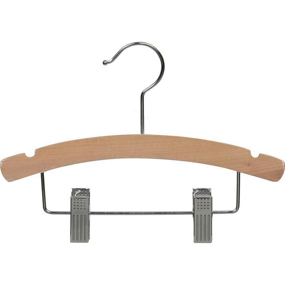 Wooden Kids Combo Hanger with Adjustable Cushion Clips, 12 Inch Hangers with Natural Finish & Chrome Swivel Hook