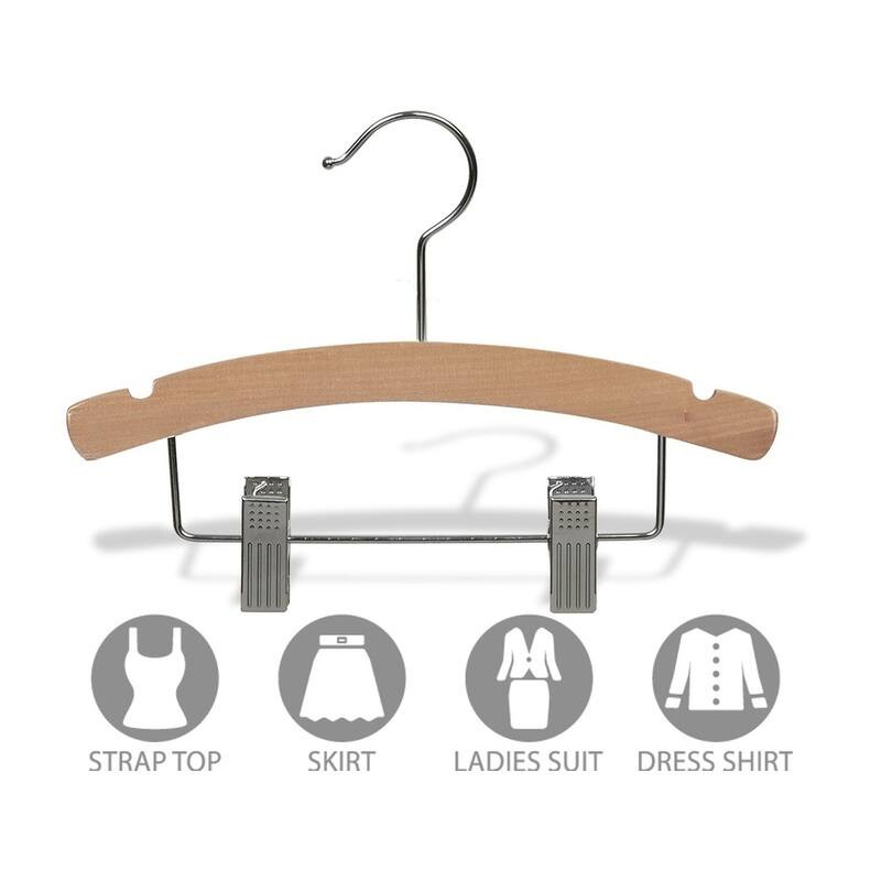 Wooden Kids Combo Hanger with Adjustable Cushion Clips, 12 Inch Hangers with Natural Finish & Chrome Swivel Hook