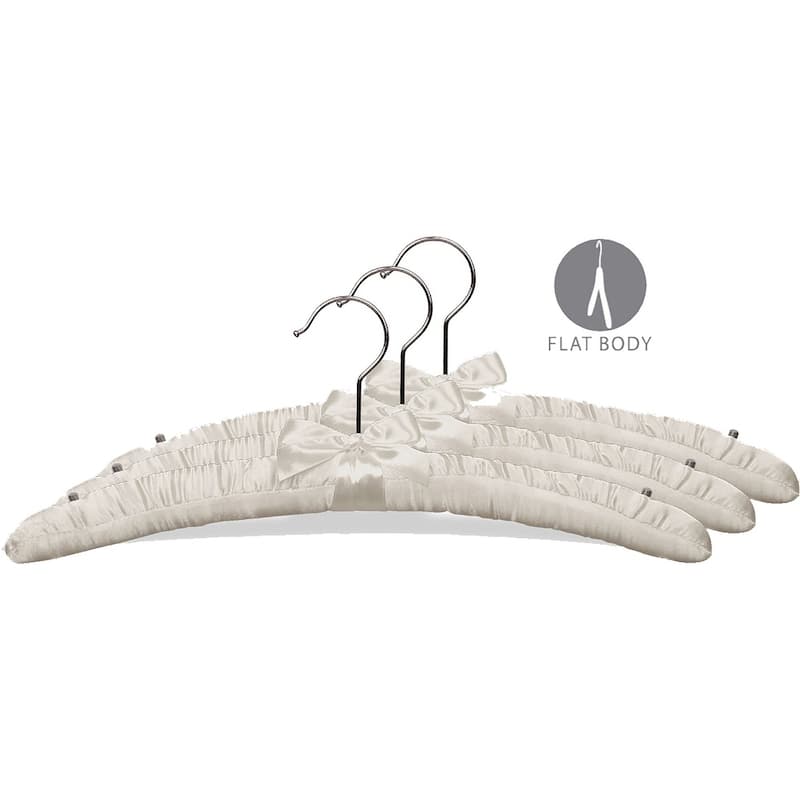 Ivory Satin Top Hanger, Box of 24 Padded Wood Hangers with Chrome Swivel Hook & Studs for Shoulder Straps