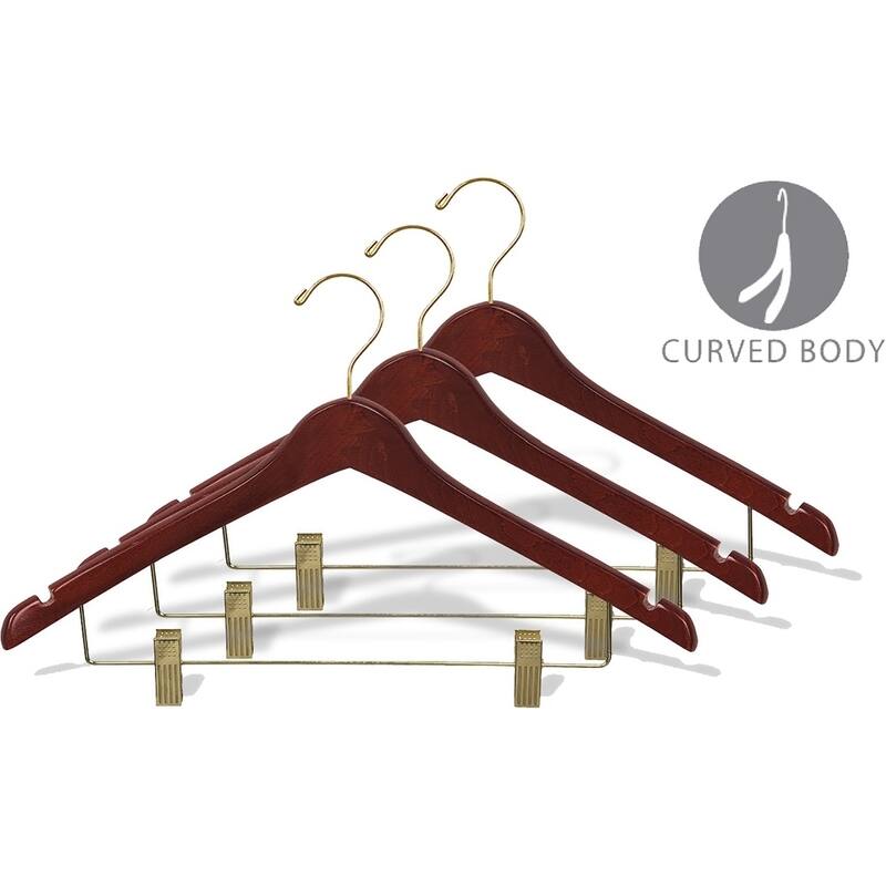 Curved Wooden Combo Hanger with Walnut Finish and Adjustable Cushion Clips, 1/2 Inch Thick Hangers with Brass Hook & Notches