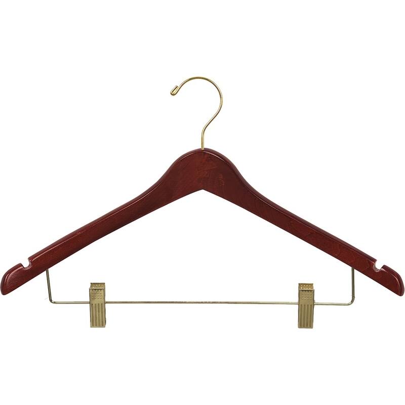 Curved Wooden Combo Hanger with Walnut Finish and Adjustable Cushion Clips, 1/2 Inch Thick Hangers with Brass Hook & Notches