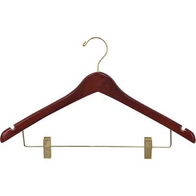 Curved Wooden Combo Hanger with Walnut Finish and Adjustable Cushion Clips, 1/2 Inch Thick Hangers with Brass Hook & Notches