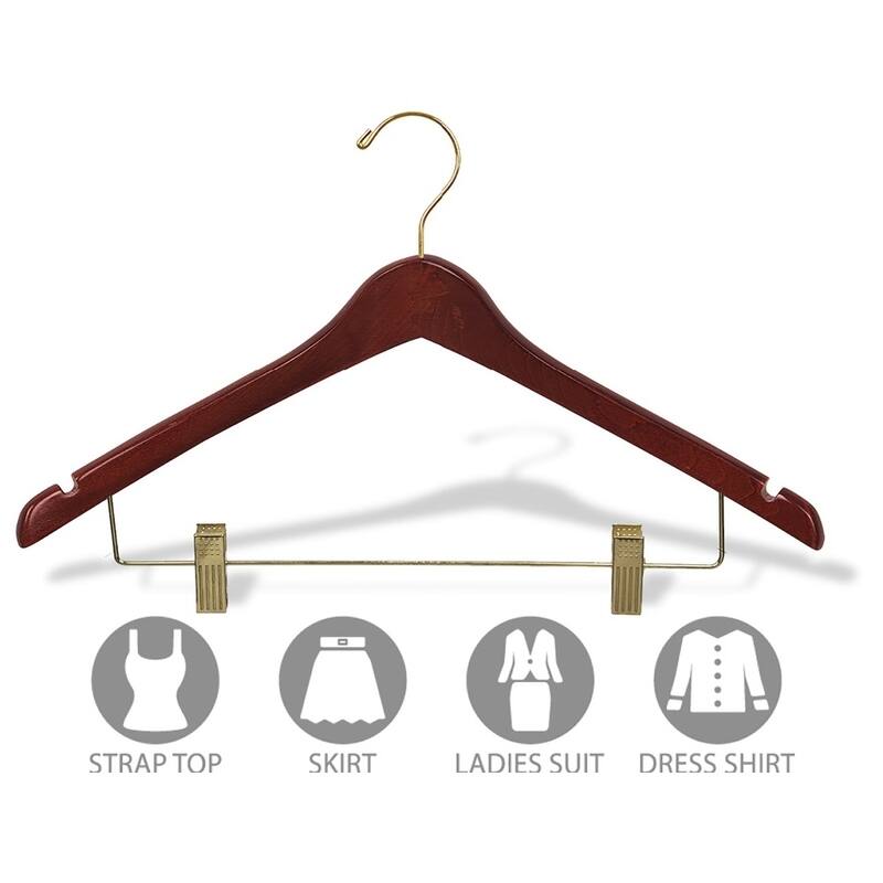 Curved Wooden Combo Hanger with Walnut Finish and Adjustable Cushion Clips, 1/2 Inch Thick Hangers with Brass Hook & Notches