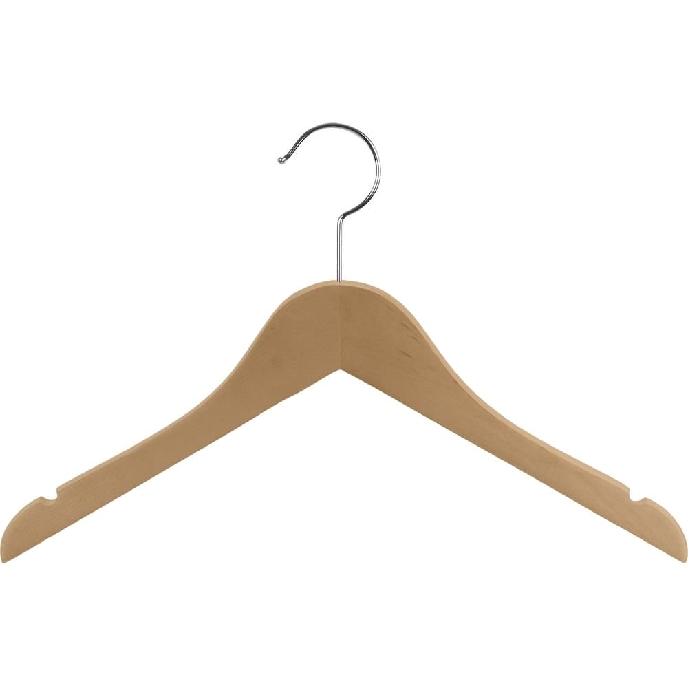 Wooden Junior Top Hanger with Natural Finish, Flat 14 inch Space Saving Wood hangers with Notches & Chrome Swivel Hook
