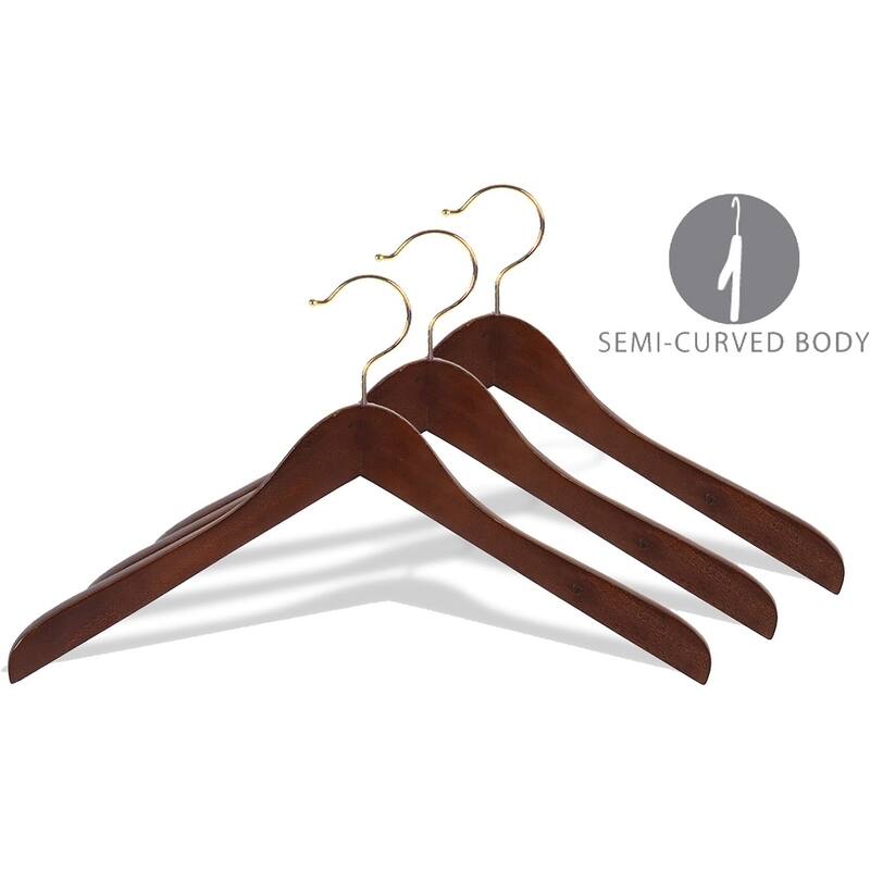 Concave Wooden Top Hanger with Walnut Finish, Thick Curved Coat Hangers with Brass Swivel Hook for Jackets or Fine Shirts