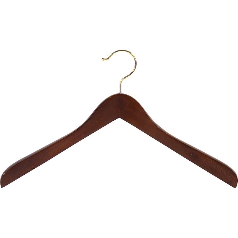 Concave Wooden Top Hanger with Walnut Finish, Thick Curved Coat Hangers with Brass Swivel Hook for Jackets or Fine Shirts