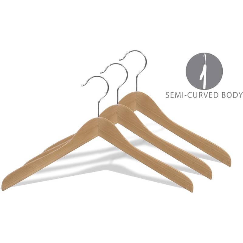 Concave Wooden Top Hanger with Natural Finish, Thick Curved Coat Hangers with Chrome Swivel Hook for Jackets or Fine Shirts