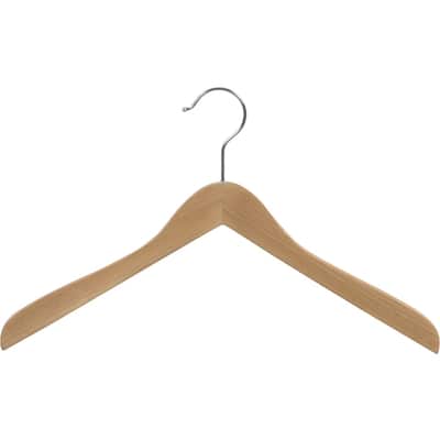 Concave Wooden Top Hanger with Natural Finish, Thick Curved Coat Hangers with Chrome Swivel Hook for Jackets or Fine Shirts