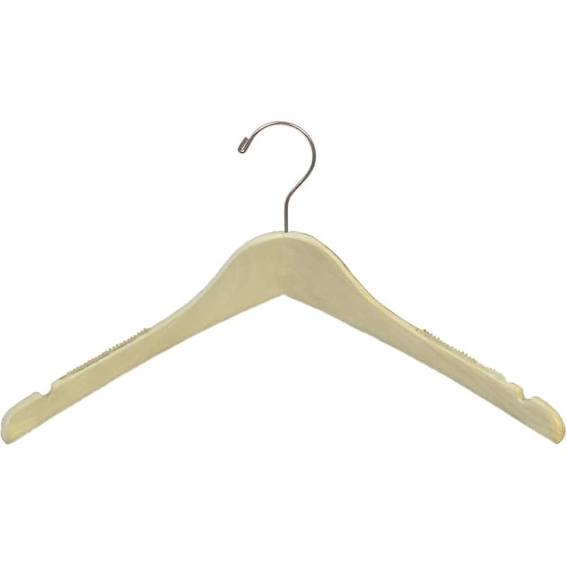 Petite Unfinished Wooden Jacket Hanger with Rubber Non-Slip Shoulder Grips, Curved 15.5 Inch Hangers with Notches
