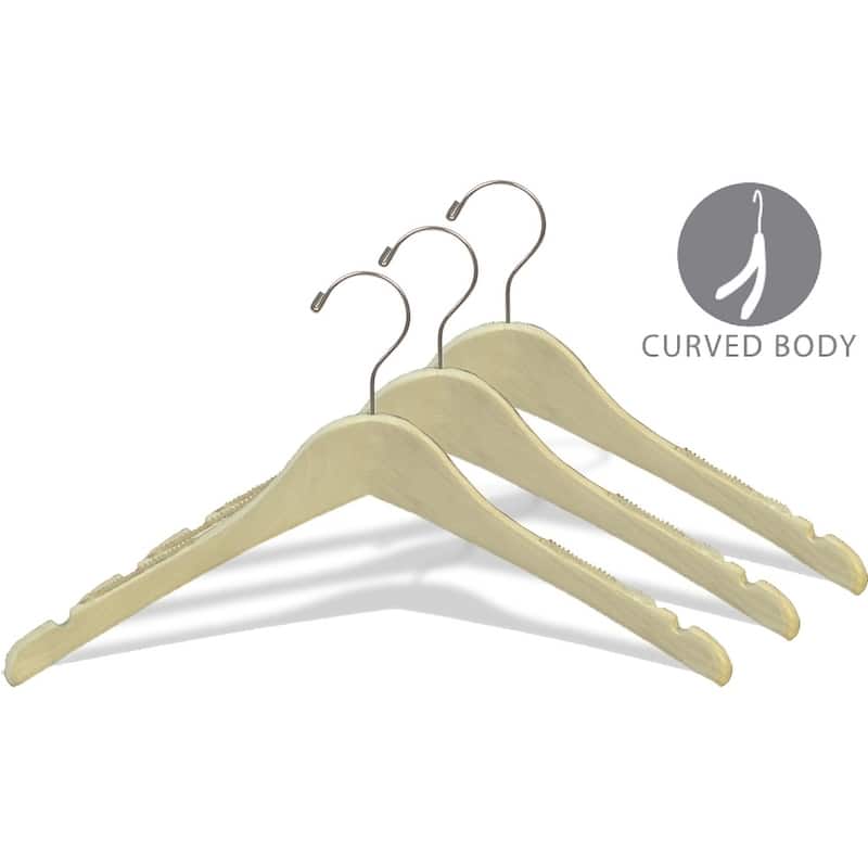 Petite Unfinished Wooden Jacket Hanger with Rubber Non-Slip Shoulder Grips, Curved 15.5 Inch Hangers with Notches