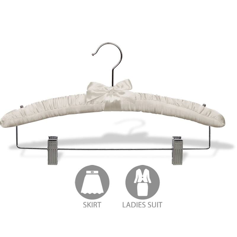 Ivory Satin Combo Hanger with Adjustable Cushion Clips, Padded Wood Hangers with Chrome Swivel Hook & Studs for Shoulder Straps