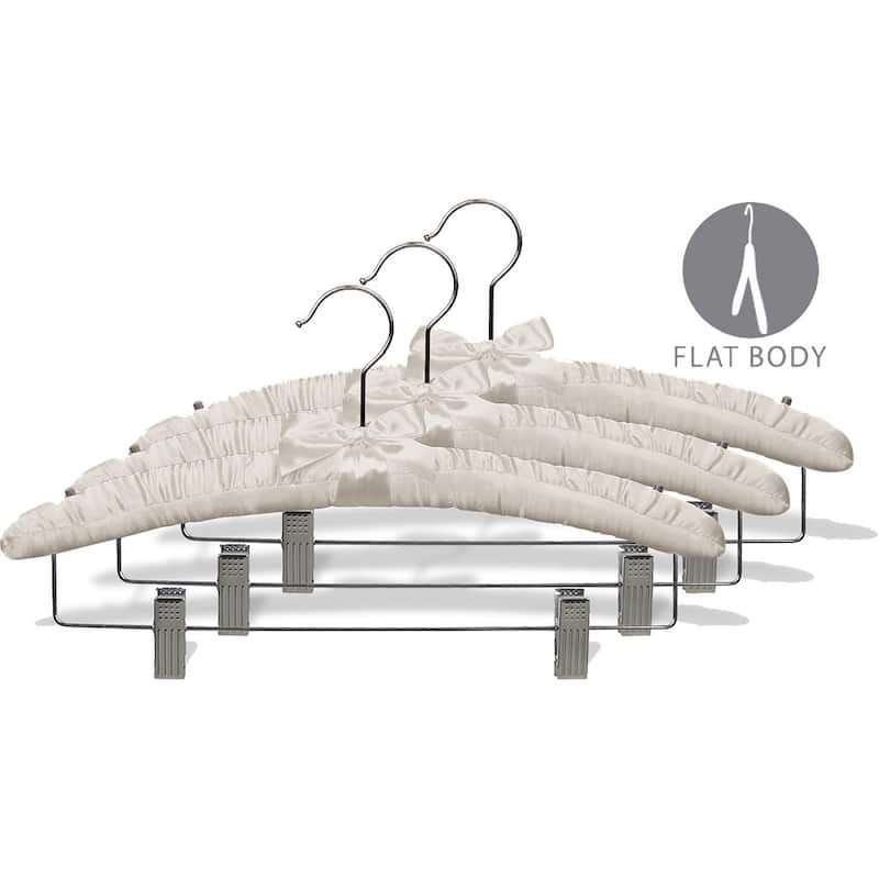 Ivory Satin Combo Hanger with Adjustable Cushion Clips, Padded Wood Hangers with Chrome Swivel Hook & Studs for Shoulder Straps