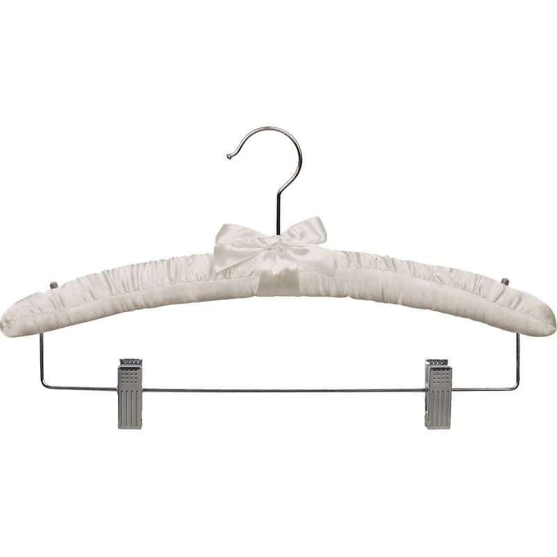 Ivory Satin Combo Hanger with Adjustable Cushion Clips, Padded Wood Hangers with Chrome Swivel Hook & Studs for Shoulder Straps