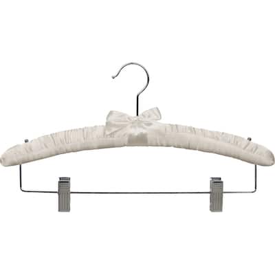 Ivory Satin Combo Hanger with Adjustable Cushion Clips, Padded Wood Hangers with Chrome Swivel Hook & Studs for Shoulder Straps