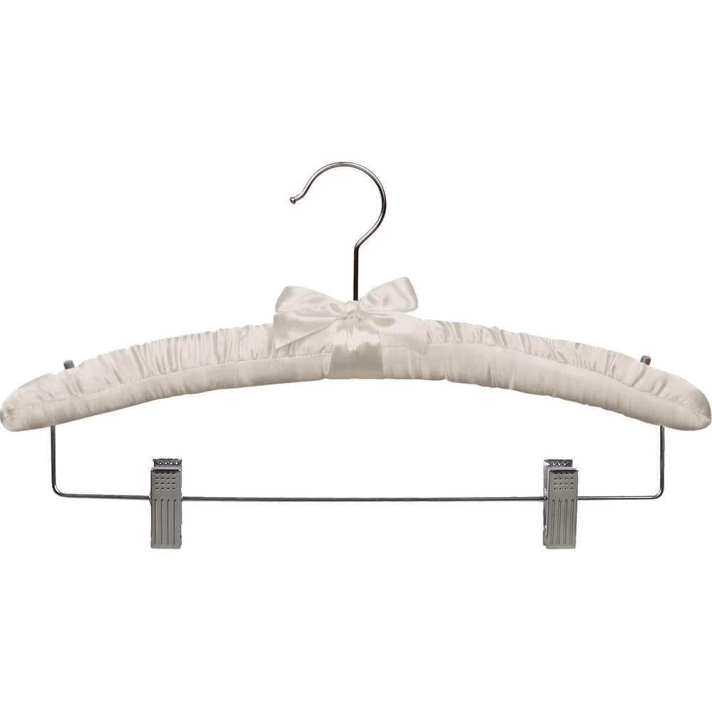 Ivory Satin Combo Hanger with Adjustable Cushion Clips, Padded Wood Hangers with Chrome Swivel Hook & Studs for Shoulder Straps
