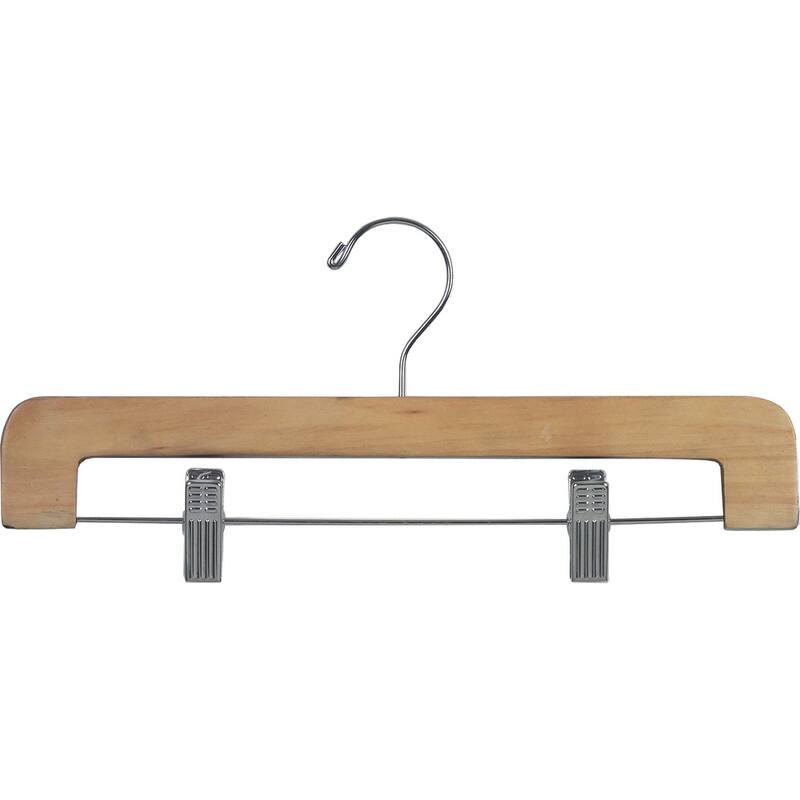 Deluxe Rounded Wooden Pant Hanger with Natural Finish and Adjustable Cushion Clips, Flat Bottom Hangers with Chrome Swivel Hook