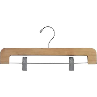 Deluxe Rounded Wooden Pant Hanger with Natural Finish and Adjustable Cushion Clips, Flat Bottom Hangers with Chrome Swivel Hook