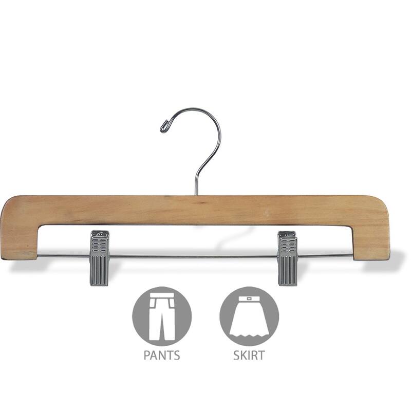 Deluxe Rounded Wooden Pant Hanger with Natural Finish and Adjustable Cushion Clips, Flat Bottom Hangers with Chrome Swivel Hook