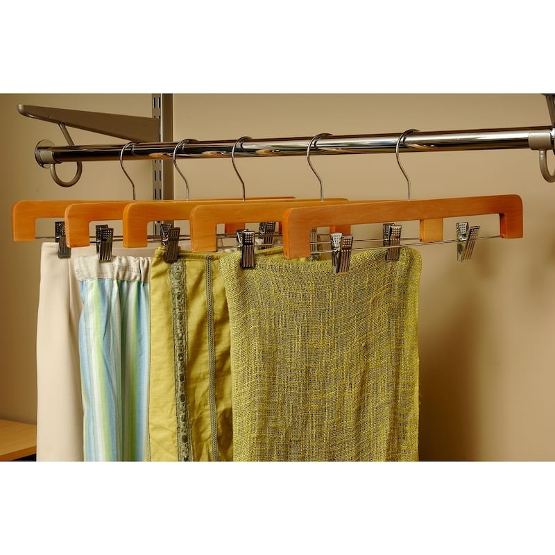 Deluxe Rounded Wooden Pant Hanger with Natural Finish and Adjustable Cushion Clips, Flat Bottom Hangers with Chrome Swivel Hook