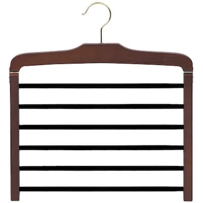 Wooden 6 Tier Pant Hanger with Black Velvet Non-Slip Bars, Wood Bottom Hanger, Walnut Finish and Chrome Swivel Hook, Box of 1