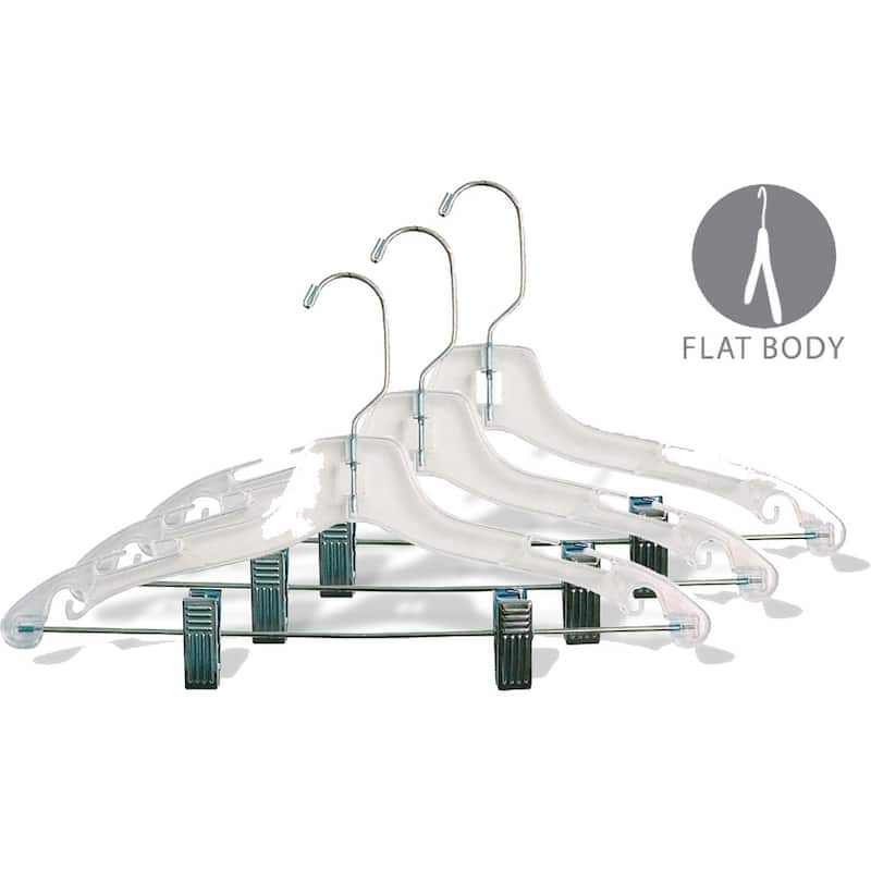 Clear Plastic Kids Combo Hanger with Adjustable Cushion Clips, Box of 100 12 inch Hangers with Notches and Chrome Swivel Hook