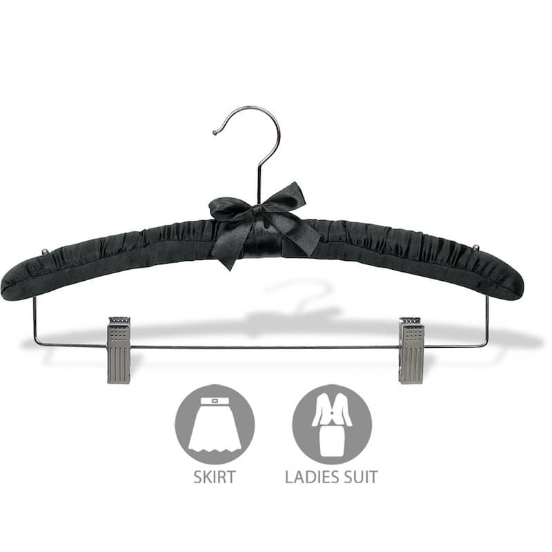 Black Satin Combo Hanger with Adjustable Cushion Clips, Padded Wood Hangers with Studs for Shoulder Straps