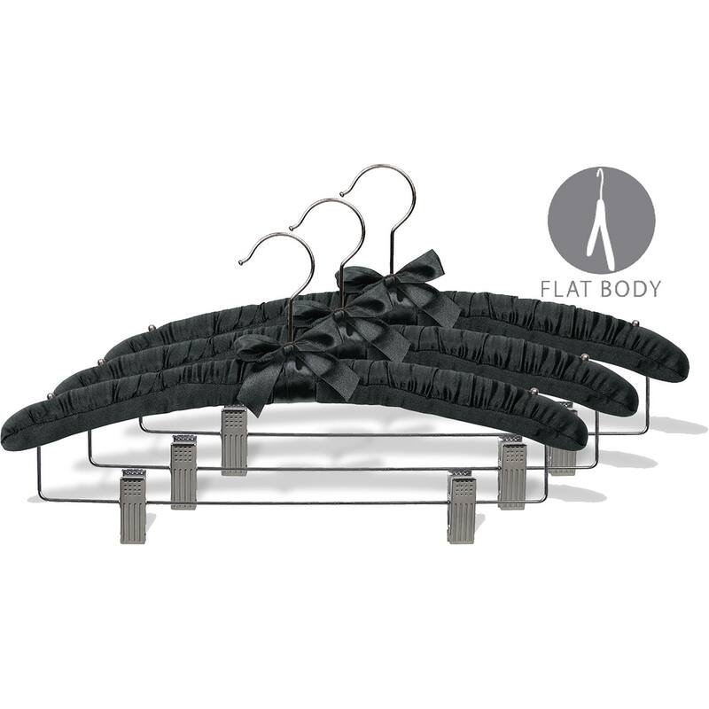 Black Satin Combo Hanger with Adjustable Cushion Clips, Padded Wood Hangers with Studs for Shoulder Straps