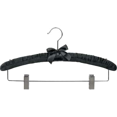 Black Satin Combo Hanger with Adjustable Cushion Clips, Padded Wood Hangers with Studs for Shoulder Straps