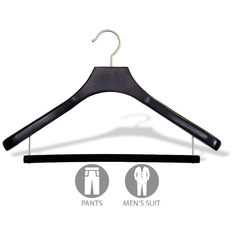 Deluxe Wooden Suit Hanger with Velvet Bar, Espresso Finish & Brushed Chrome Swivel Hook, Large 2 Inch Wide Contoured Hangers