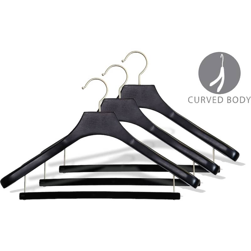Deluxe Wooden Suit Hanger with Velvet Bar, Espresso Finish & Brushed Chrome Swivel Hook, Large 2 Inch Wide Contoured Hangers
