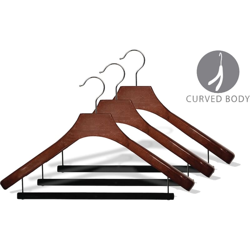 Deluxe Wooden Suit Hanger with Velvet Bar, Walnut Finish & Chrome Swivel Hook, Large 2 Inch Wide Contoured Hangers