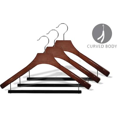 Deluxe Wooden Suit Hanger with Velvet Bar, Walnut Finish & Chrome Swivel Hook, Large 2 Inch Wide Contoured Hangers
