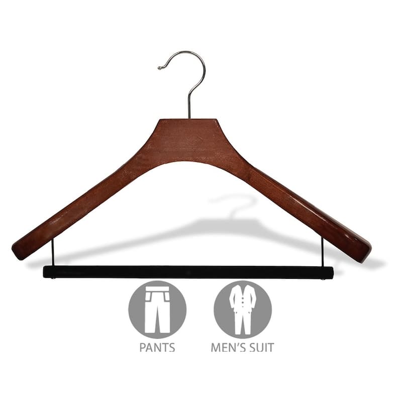 Deluxe Wooden Suit Hanger with Velvet Bar, Walnut Finish & Chrome Swivel Hook, Large 2 Inch Wide Contoured Hangers