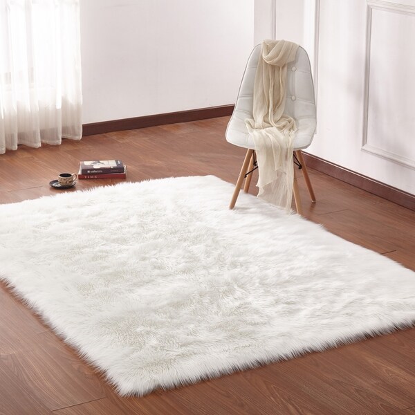 Ivory White Solid Faux Fur Area Rug with Suede Backing - 5' x 7'