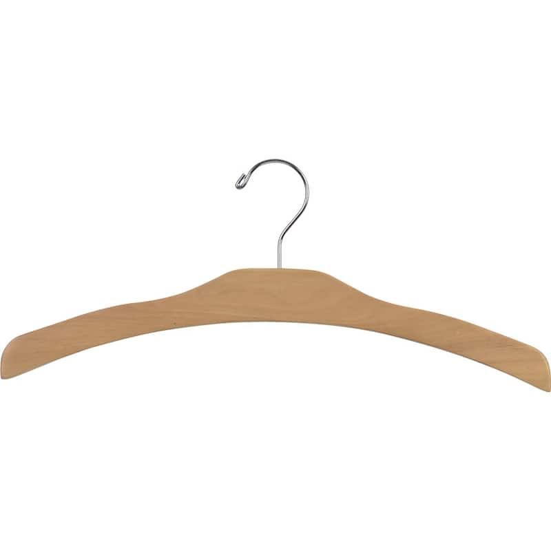 Arched Wooden Top Hanger with Natural Finish, Low Profile 17 Inch Flat Hangers with Chrome Swivel Hook & Notches