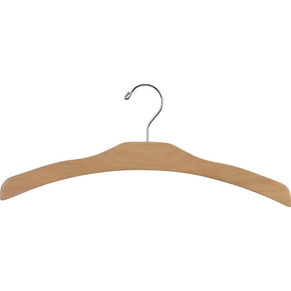 Arched Wooden Top Hanger with Natural Finish, Low Profile 17 Inch Flat Hangers with Chrome Swivel Hook & Notches