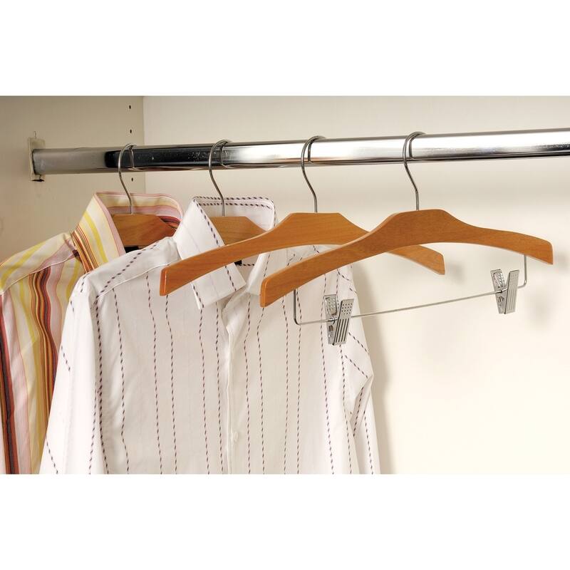 Arched Wooden Top Hanger with Natural Finish, Low Profile 17 Inch Flat Hangers with Chrome Swivel Hook & Notches